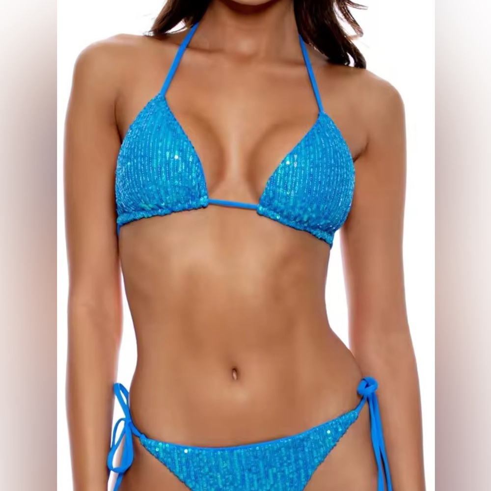 2025 Sexy Blue Sequin Two-piece Bikini Set Women's Swimsuit  Swimwear Tie Side